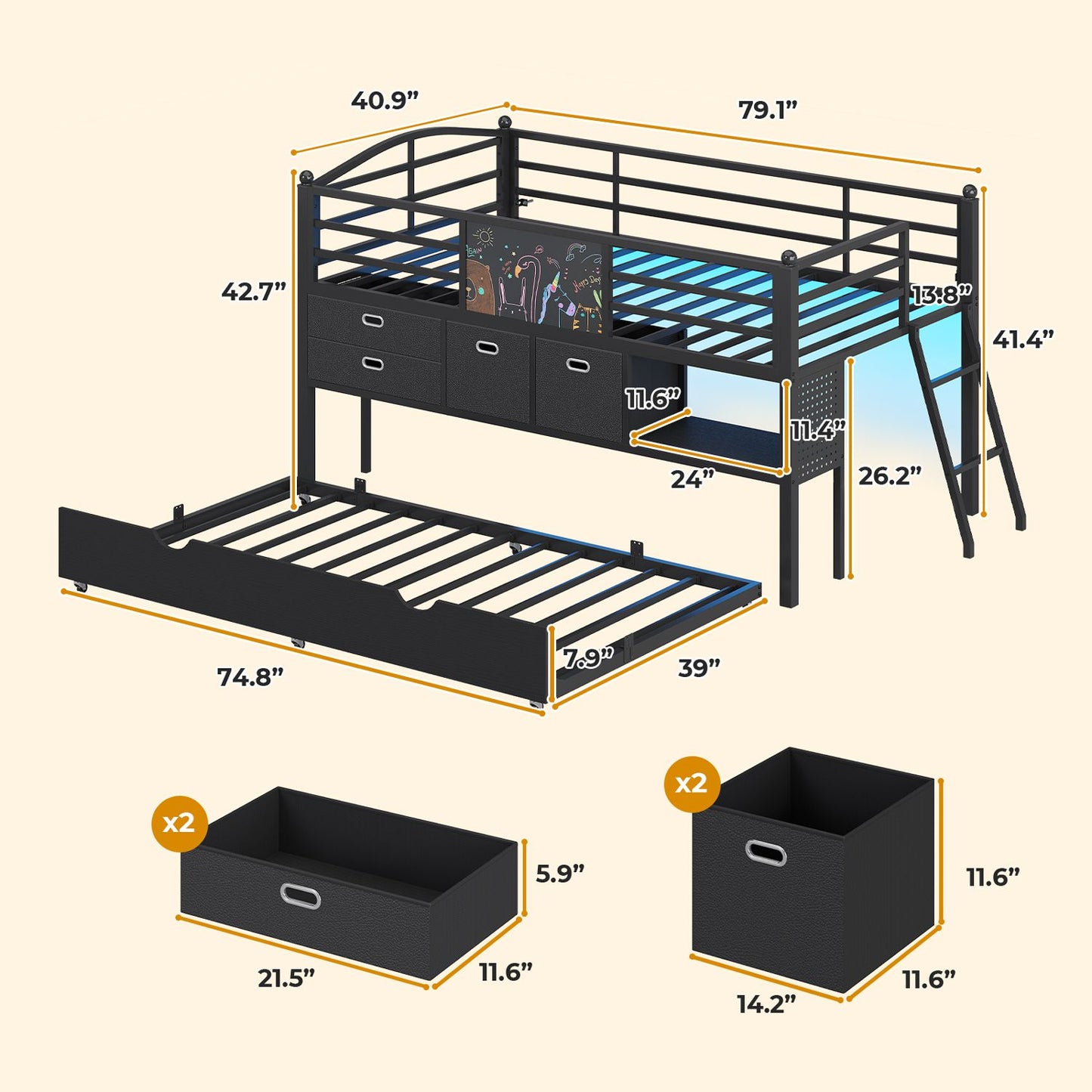 ADORNEVE Loft Bed Twin Size with Trundle and LED Lights Kids Loft Bed with 4 Drawers and DIY Pegboard Loft Bed with Guardrail Under-Bed Play Zone