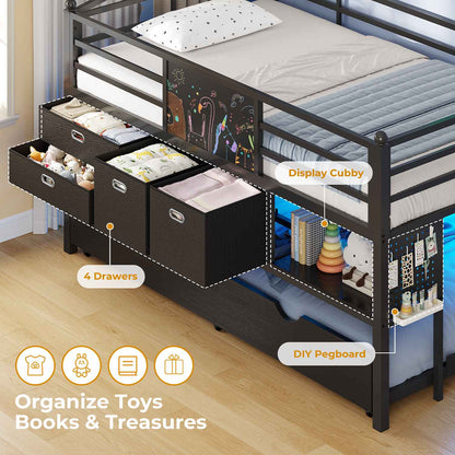ADORNEVE Loft Bed Twin Size with Trundle and LED Lights Kids Loft Bed with 4 Drawers and DIY Pegboard Loft Bed with Guardrail Under-Bed Play Zone