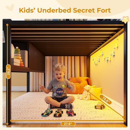 ADORNEVE Loft Bed Twin Size with Trundle and LED Lights Kids Loft Bed with 4 Drawers and DIY Pegboard Loft Bed with Guardrail Under-Bed Play Zone