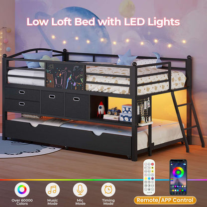 ADORNEVE Loft Bed Twin Size with Trundle and LED Lights Kids Loft Bed with 4 Drawers and DIY Pegboard Loft Bed with Guardrail Under-Bed Play Zone