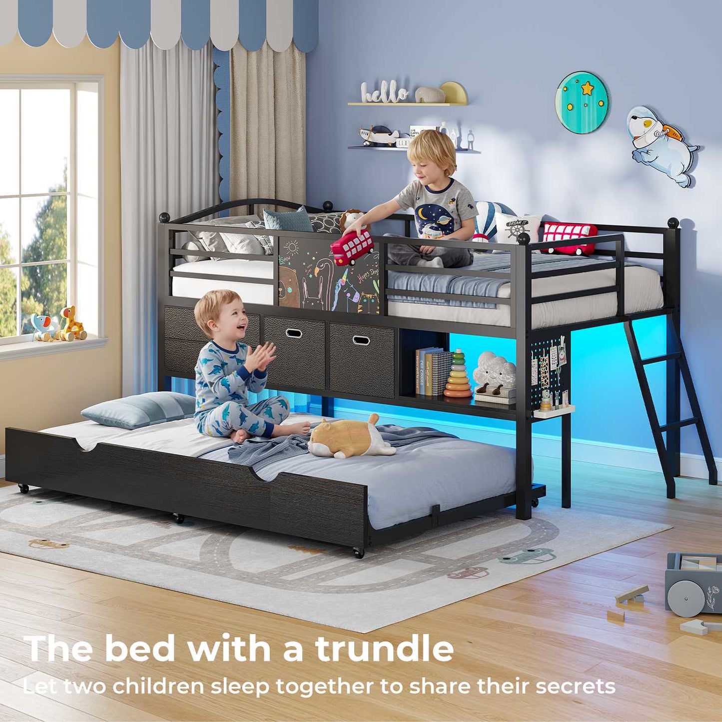ADORNEVE Loft Bed Twin Size with Trundle and LED Lights Kids Loft Bed with 4 Drawers and DIY Pegboard Loft Bed with Guardrail Under-Bed Play Zone