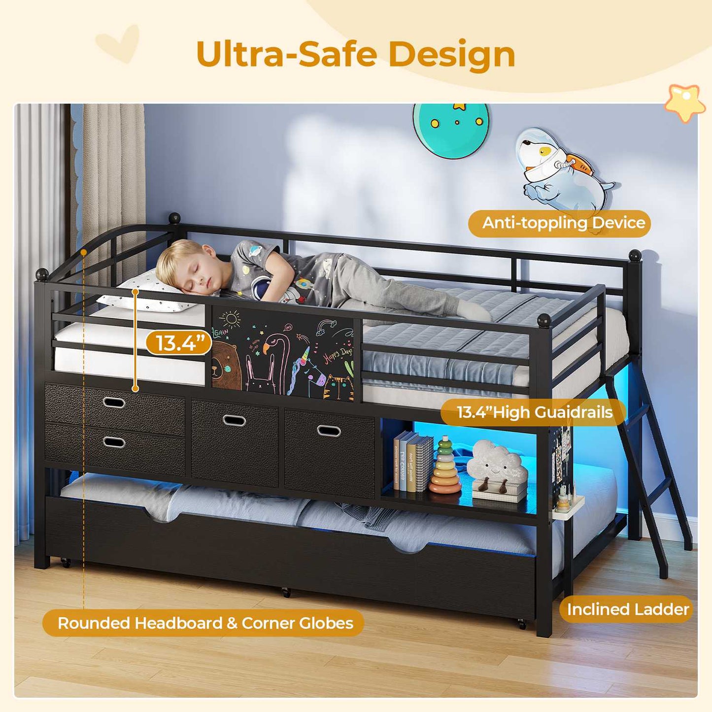 ADORNEVE Loft Bed Twin Size with Trundle and LED Lights Kids Loft Bed with 4 Drawers and DIY Pegboard Loft Bed with Guardrail Under-Bed Play Zone