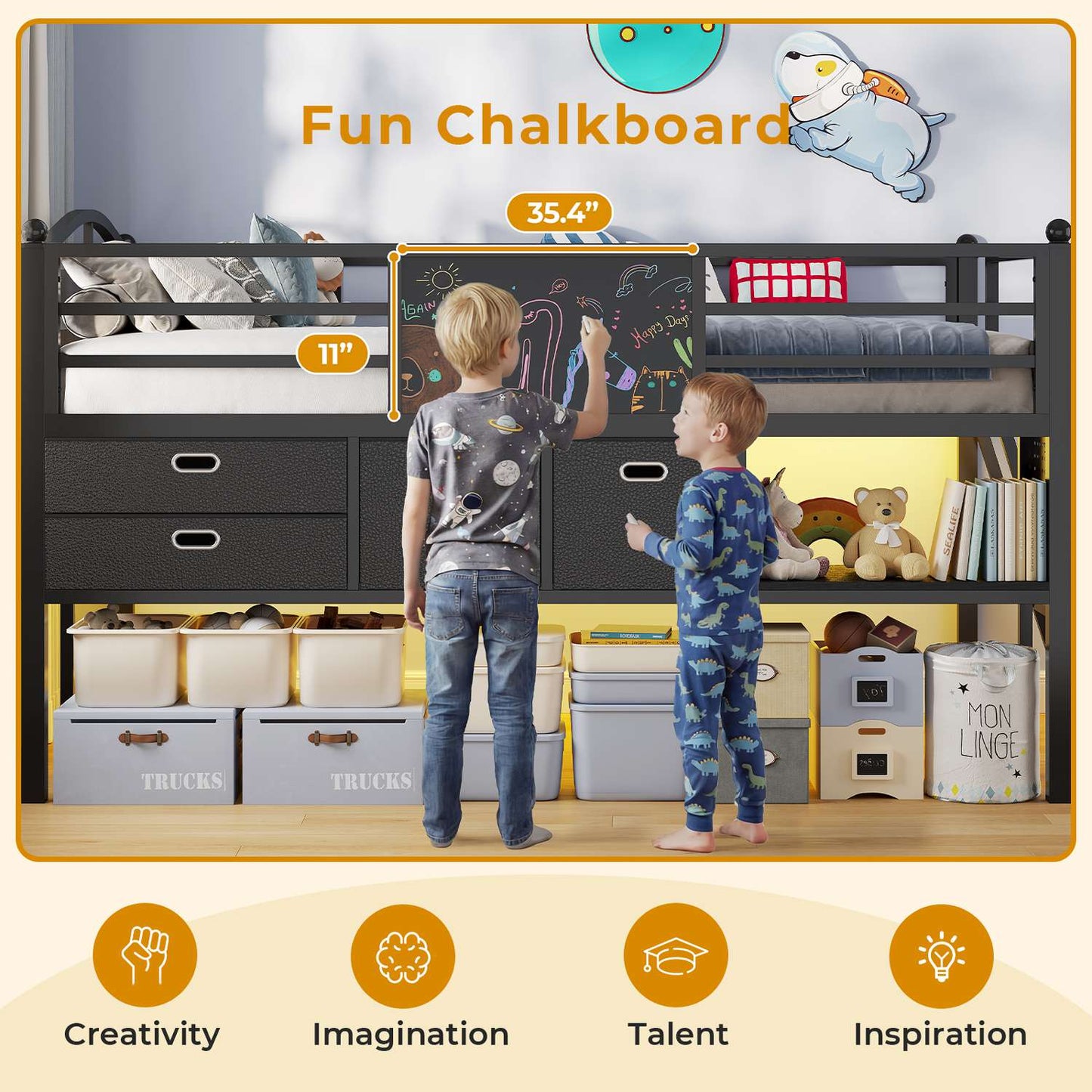 ADORNEVE Loft Bed Twin Size with Trundle and LED Lights Kids Loft Bed with 4 Drawers and DIY Pegboard Loft Bed with Guardrail Under-Bed Play Zone