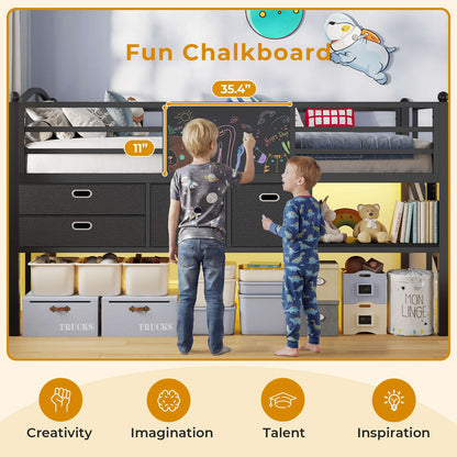 ADORNEVE Loft Bed Twin Size with Trundle and LED Lights Kids Loft Bed with 4 Drawers and DIY Pegboard Loft Bed with Guardrail Under-Bed Play Zone