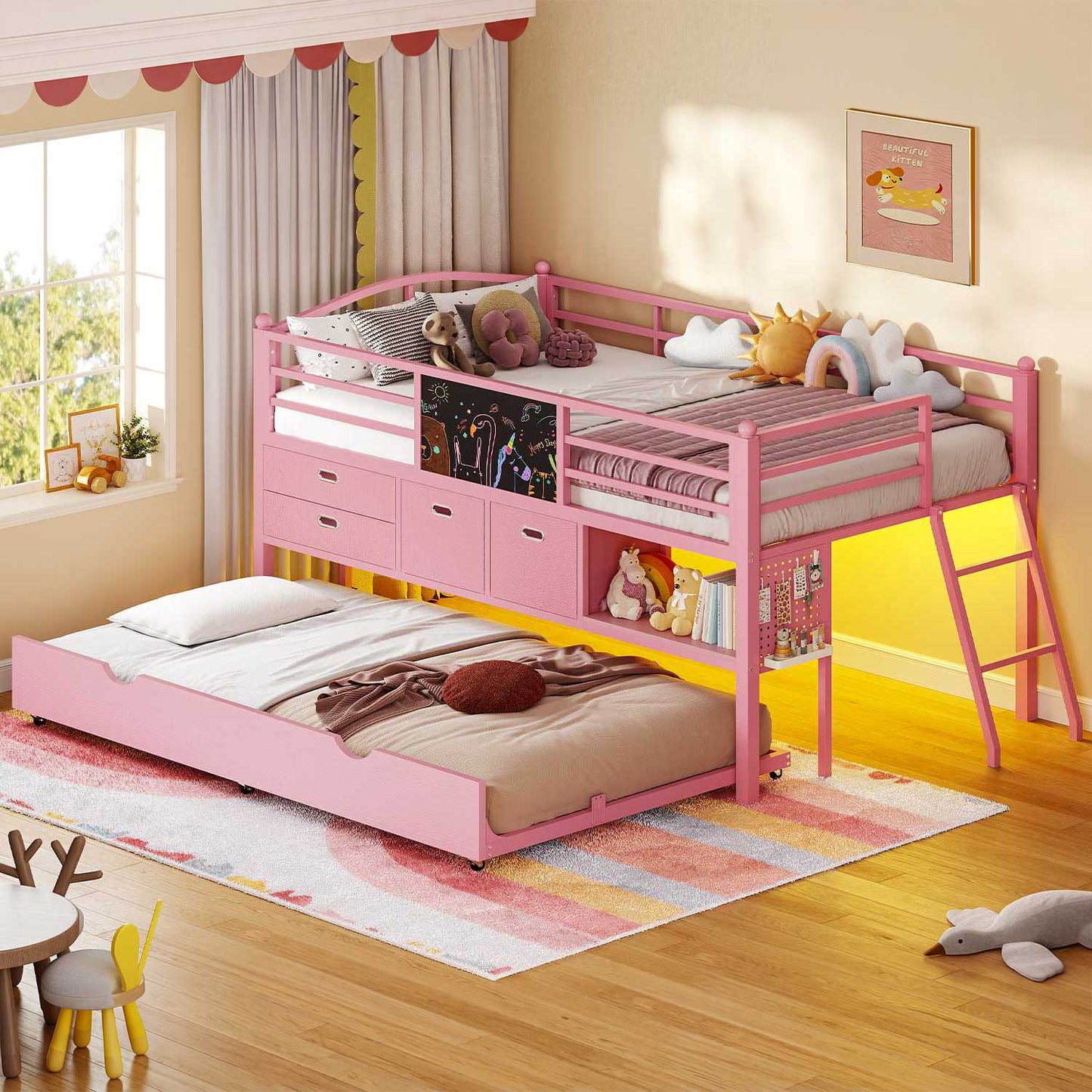 ADORNEVE Loft Bed Twin Size with Trundle and LED Lights Kids Loft Bed with 4 Drawers and DIY Pegboard Loft Bed with Guardrail Under-Bed Play Zone
