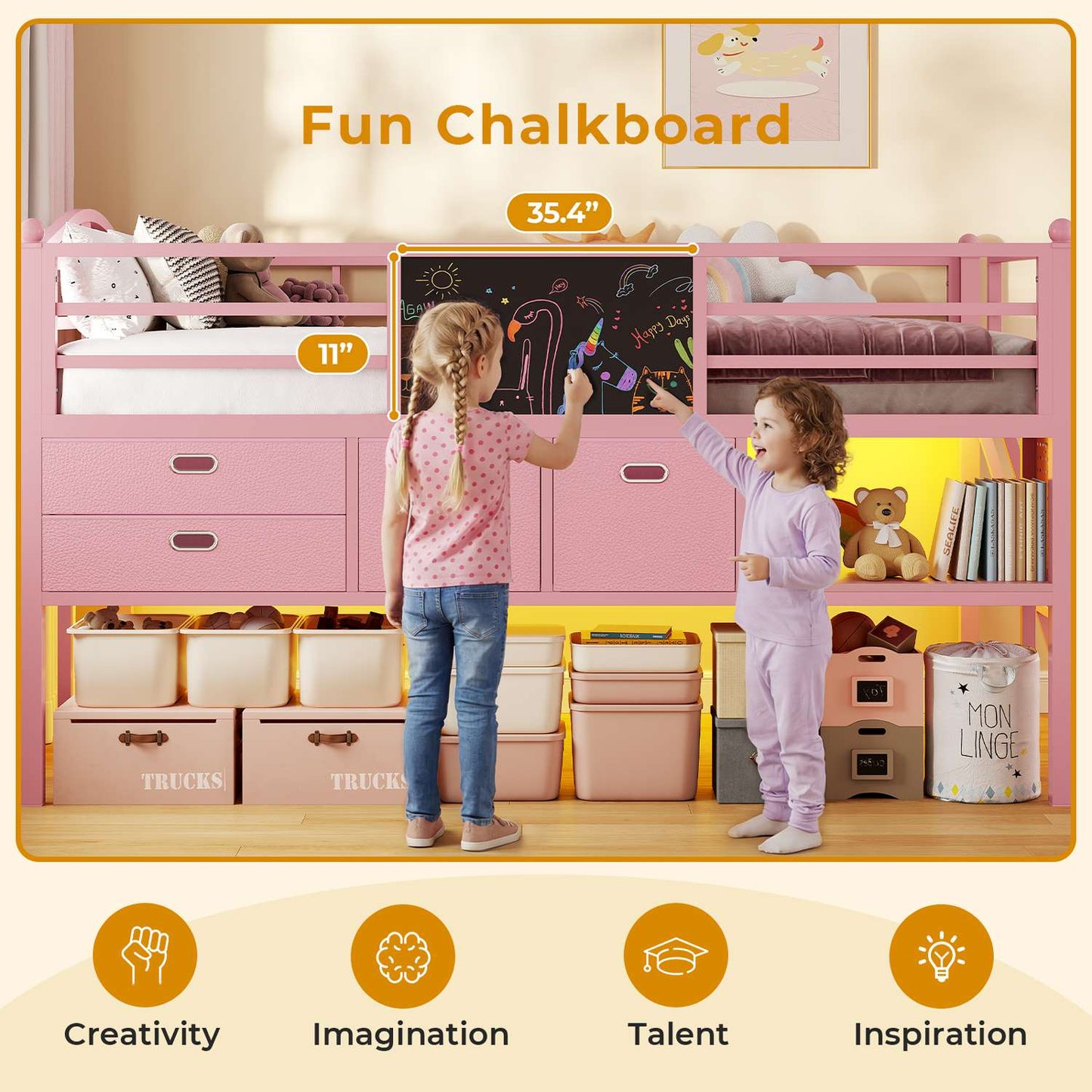 ADORNEVE Loft Bed Twin Size with Trundle and LED Lights Kids Loft Bed with 4 Drawers and DIY Pegboard Loft Bed with Guardrail Under-Bed Play Zone