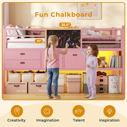 ADORNEVE Loft Bed Twin Size with Trundle and LED Lights Kids Loft Bed with 4 Drawers and DIY Pegboard Loft Bed with Guardrail Under-Bed Play Zone