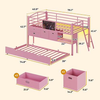 ADORNEVE Loft Bed Twin Size with Trundle and LED Lights Kids Loft Bed with 4 Drawers and DIY Pegboard Loft Bed with Guardrail Under-Bed Play Zone