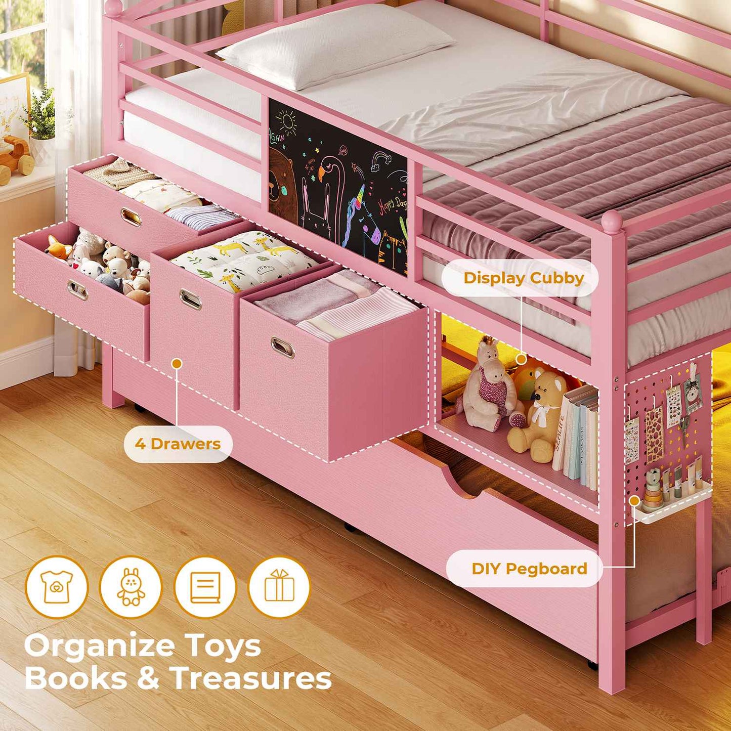 ADORNEVE Loft Bed Twin Size with Trundle and LED Lights Kids Loft Bed with 4 Drawers and DIY Pegboard Loft Bed with Guardrail Under-Bed Play Zone