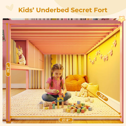 ADORNEVE Loft Bed Twin Size with Trundle and LED Lights Kids Loft Bed with 4 Drawers and DIY Pegboard Loft Bed with Guardrail Under-Bed Play Zone