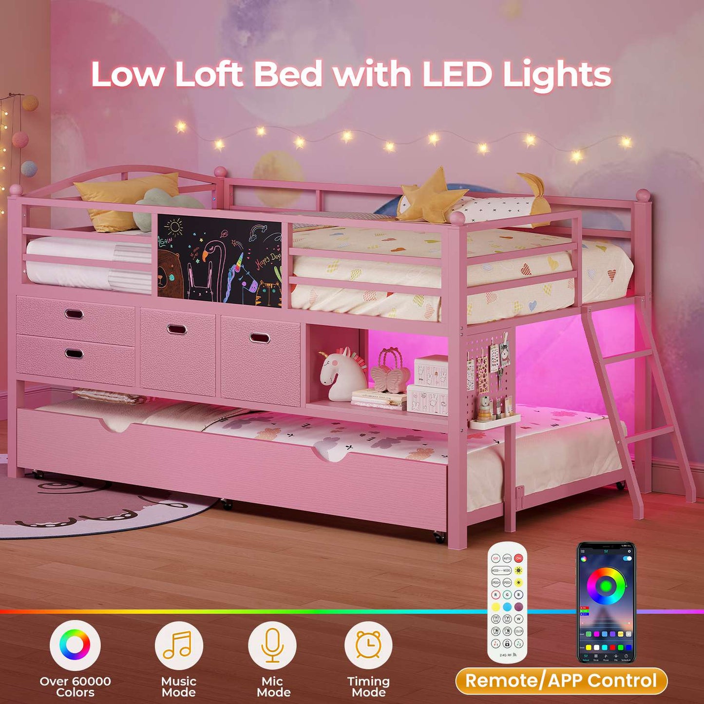 ADORNEVE Loft Bed Twin Size with Trundle and LED Lights Kids Loft Bed with 4 Drawers and DIY Pegboard Loft Bed with Guardrail Under-Bed Play Zone