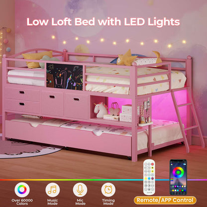 ADORNEVE Loft Bed Twin Size with Trundle and LED Lights Kids Loft Bed with 4 Drawers and DIY Pegboard Loft Bed with Guardrail Under-Bed Play Zone