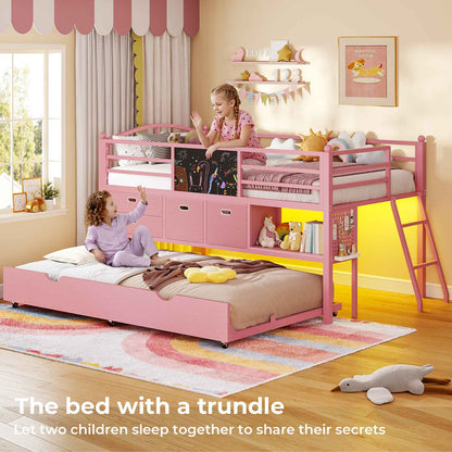 ADORNEVE Loft Bed Twin Size with Trundle and LED Lights Kids Loft Bed with 4 Drawers and DIY Pegboard Loft Bed with Guardrail Under-Bed Play Zone