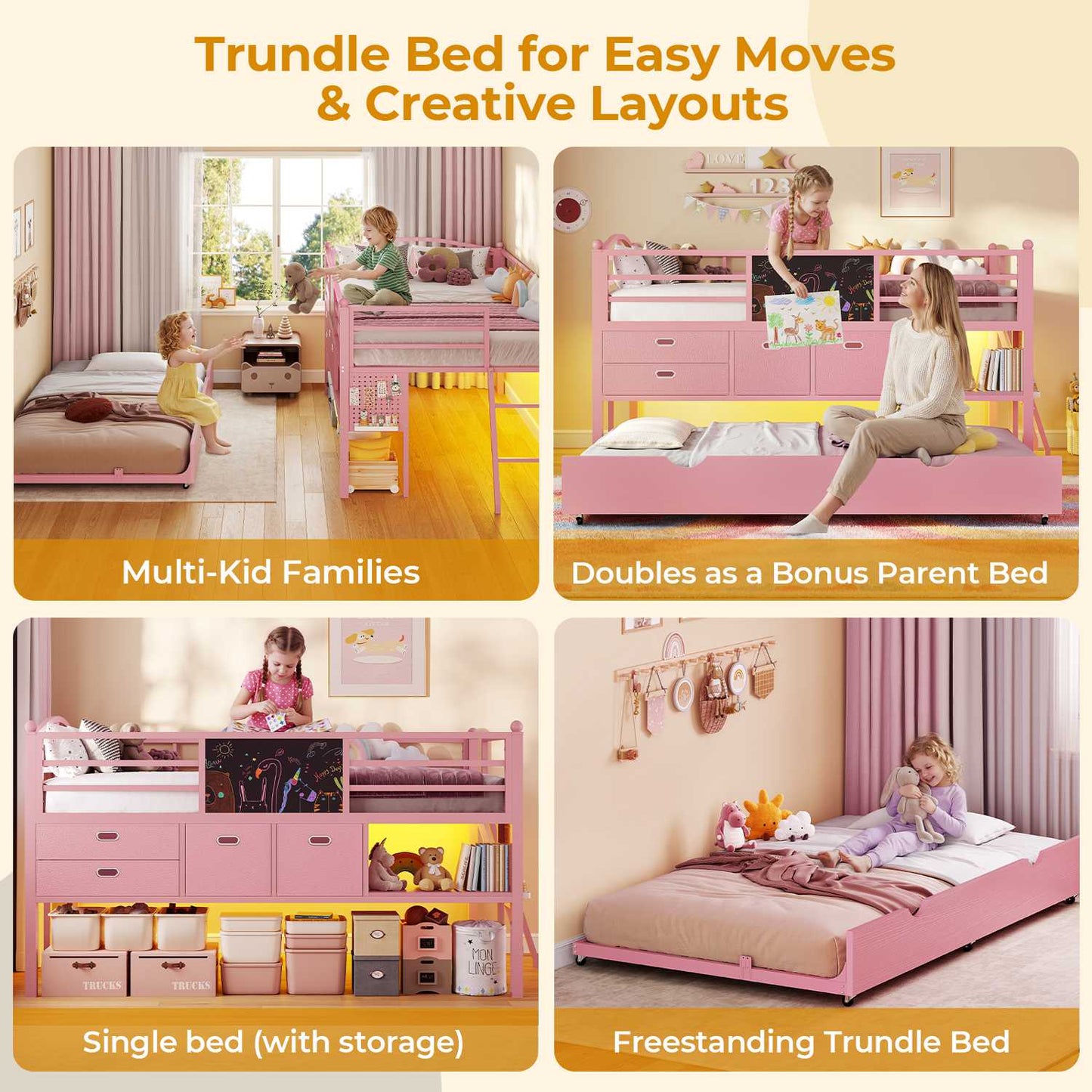 ADORNEVE Loft Bed Twin Size with Trundle and LED Lights Kids Loft Bed with 4 Drawers and DIY Pegboard Loft Bed with Guardrail Under-Bed Play Zone