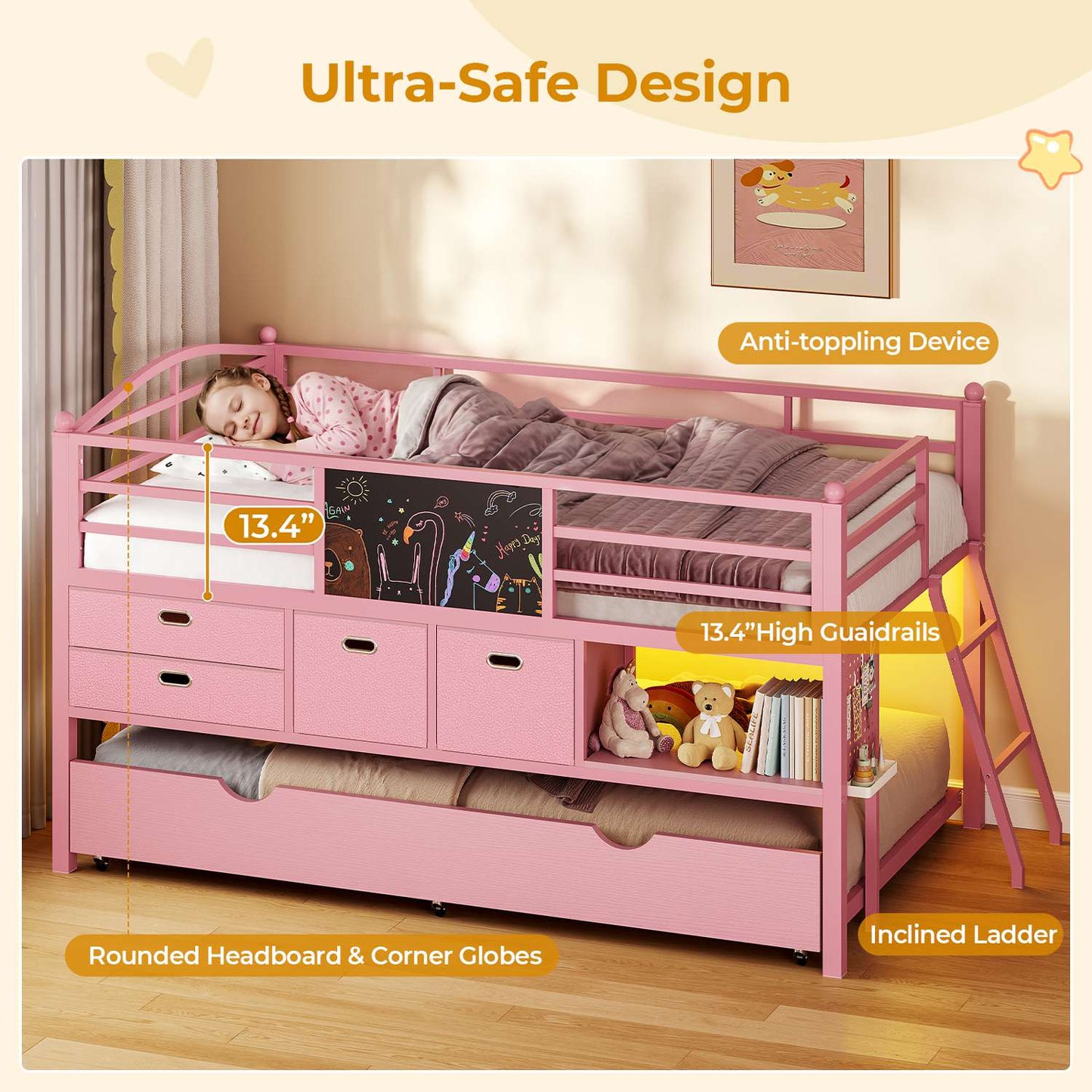 ADORNEVE Loft Bed Twin Size with Trundle and LED Lights Kids Loft Bed with 4 Drawers and DIY Pegboard Loft Bed with Guardrail Under-Bed Play Zone