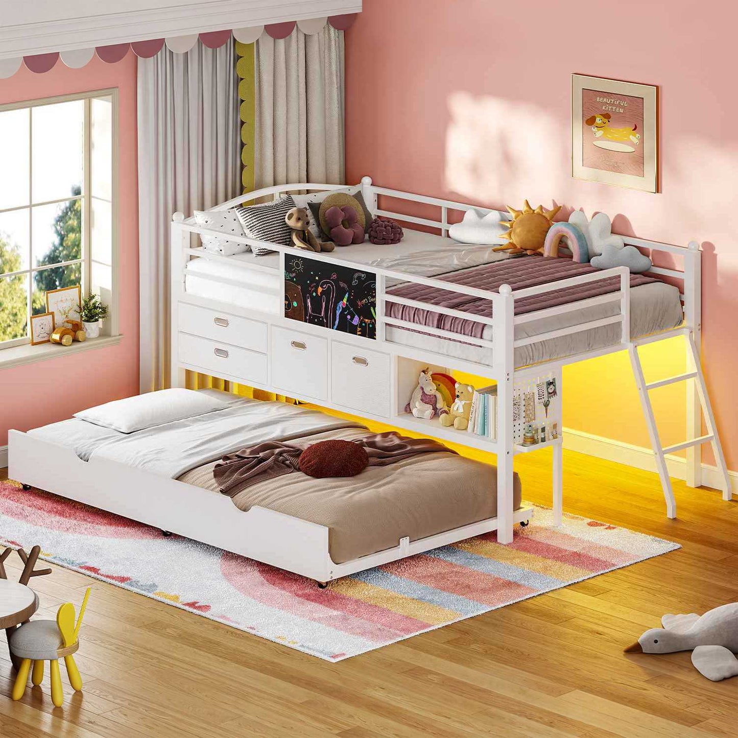 ADORNEVE Loft Bed Twin Size with Trundle and LED Lights Kids Loft Bed with 4 Drawers and DIY Pegboard Loft Bed with Guardrail Under-Bed Play Zone