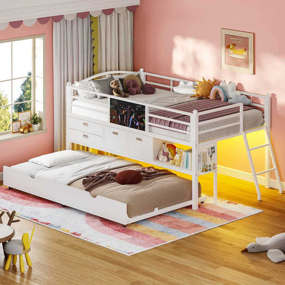 ADORNEVE Loft Bed Twin Size with Trundle and LED Lights Kids Loft Bed with 4 Drawers and DIY Pegboard Loft Bed with Guardrail Under-Bed Play Zone