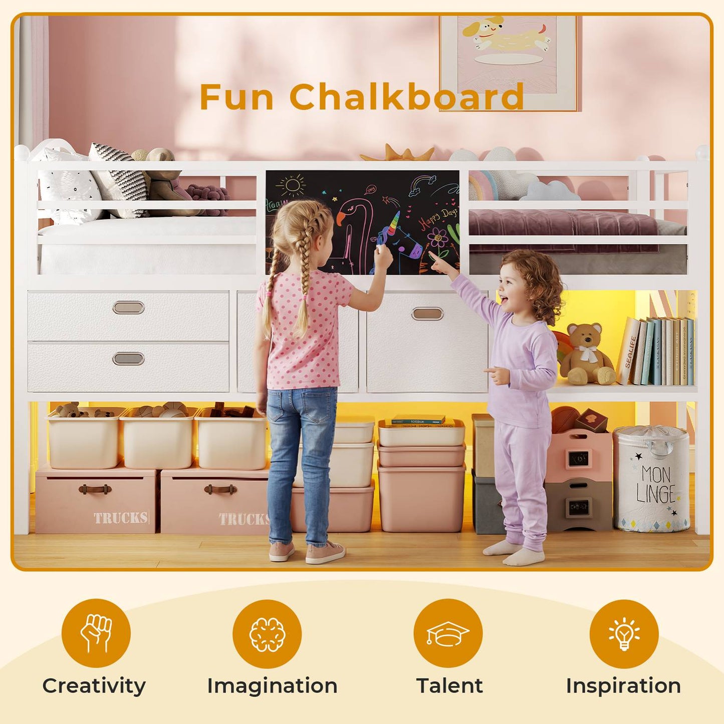ADORNEVE Loft Bed Twin Size with Trundle and LED Lights Kids Loft Bed with 4 Drawers and DIY Pegboard Loft Bed with Guardrail Under-Bed Play Zone