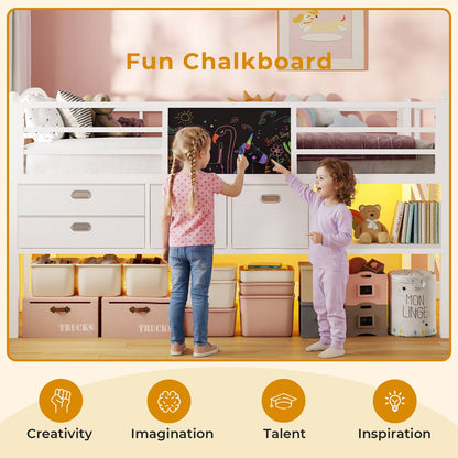 ADORNEVE Loft Bed Twin Size with Trundle and LED Lights Kids Loft Bed with 4 Drawers and DIY Pegboard Loft Bed with Guardrail Under-Bed Play Zone
