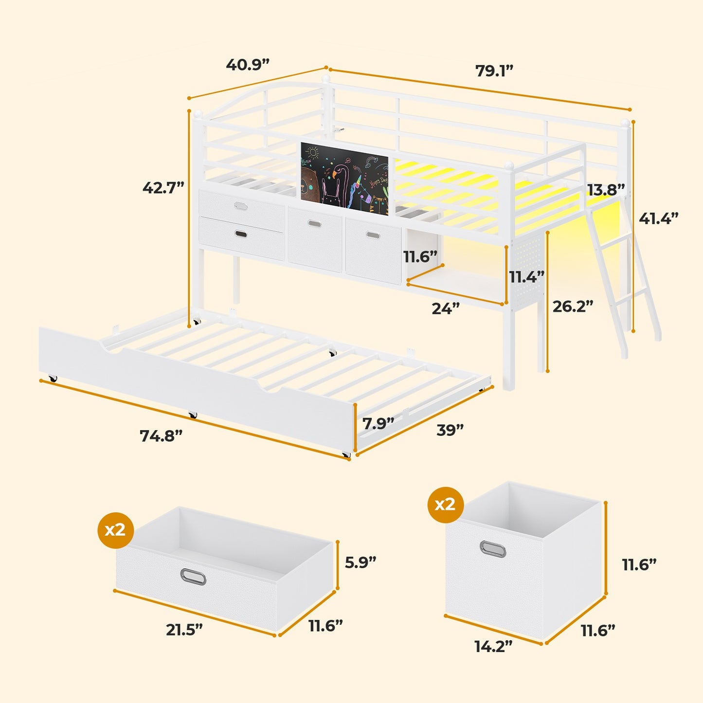 ADORNEVE Loft Bed Twin Size with Trundle and LED Lights Kids Loft Bed with 4 Drawers and DIY Pegboard Loft Bed with Guardrail Under-Bed Play Zone