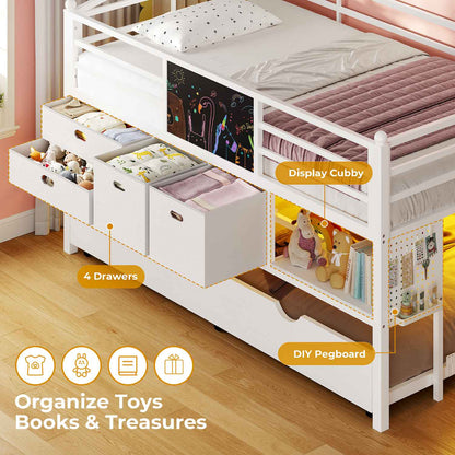 ADORNEVE Loft Bed Twin Size with Trundle and LED Lights Kids Loft Bed with 4 Drawers and DIY Pegboard Loft Bed with Guardrail Under-Bed Play Zone