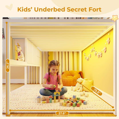 ADORNEVE Loft Bed Twin Size with Trundle and LED Lights Kids Loft Bed with 4 Drawers and DIY Pegboard Loft Bed with Guardrail Under-Bed Play Zone