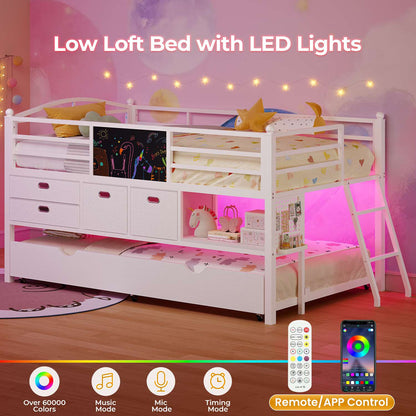 ADORNEVE Loft Bed Twin Size with Trundle and LED Lights Kids Loft Bed with 4 Drawers and DIY Pegboard Loft Bed with Guardrail Under-Bed Play Zone
