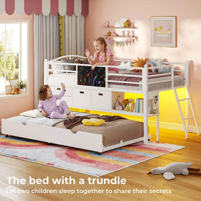 ADORNEVE Loft Bed Twin Size with Trundle and LED Lights Kids Loft Bed with 4 Drawers and DIY Pegboard Loft Bed with Guardrail Under-Bed Play Zone