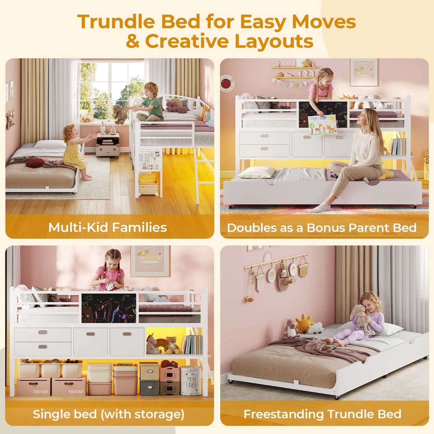 ADORNEVE Loft Bed Twin Size with Trundle and LED Lights Kids Loft Bed with 4 Drawers and DIY Pegboard Loft Bed with Guardrail Under-Bed Play Zone