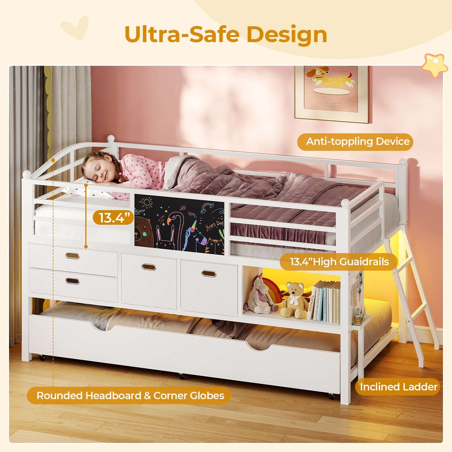 ADORNEVE Loft Bed Twin Size with Trundle and LED Lights Kids Loft Bed with 4 Drawers and DIY Pegboard Loft Bed with Guardrail Under-Bed Play Zone