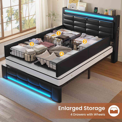 ADORNEVE Bed Frames Twin size with Storage Headboard and 4 Drawers Kids Upholstered Bed Frame with Charging Station and LED Lights