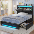ADORNEVE Bed Frames Twin size with Storage Headboard and 4 Drawers Kids Upholstered Bed Frame with Charging Station and LED Lights