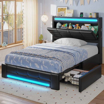 ADORNEVE Bed Frames Twin size with Storage Headboard and 4 Drawers Kids Upholstered Bed Frame with Charging Station and LED Lights