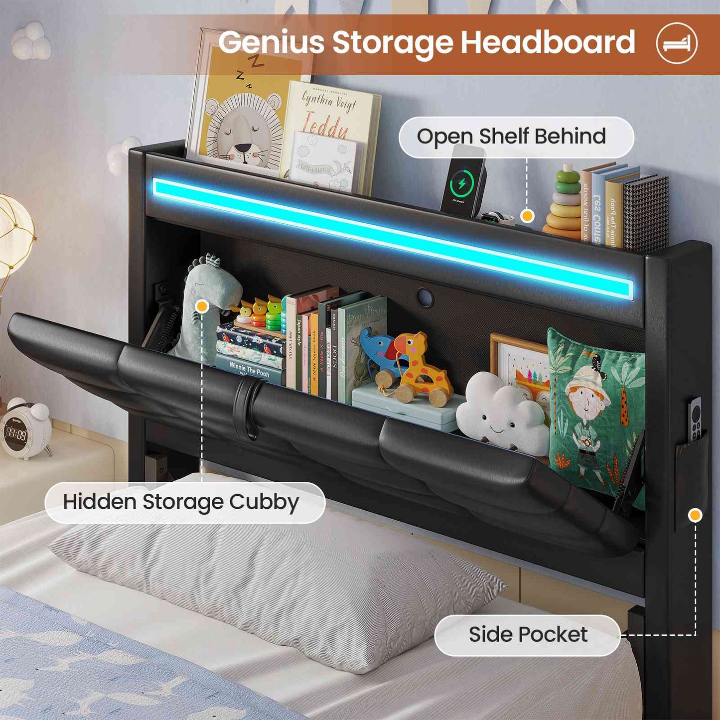 ADORNEVE Bed Frames Twin size with Storage Headboard and 4 Drawers Kids Upholstered Bed Frame with Charging Station and LED Lights