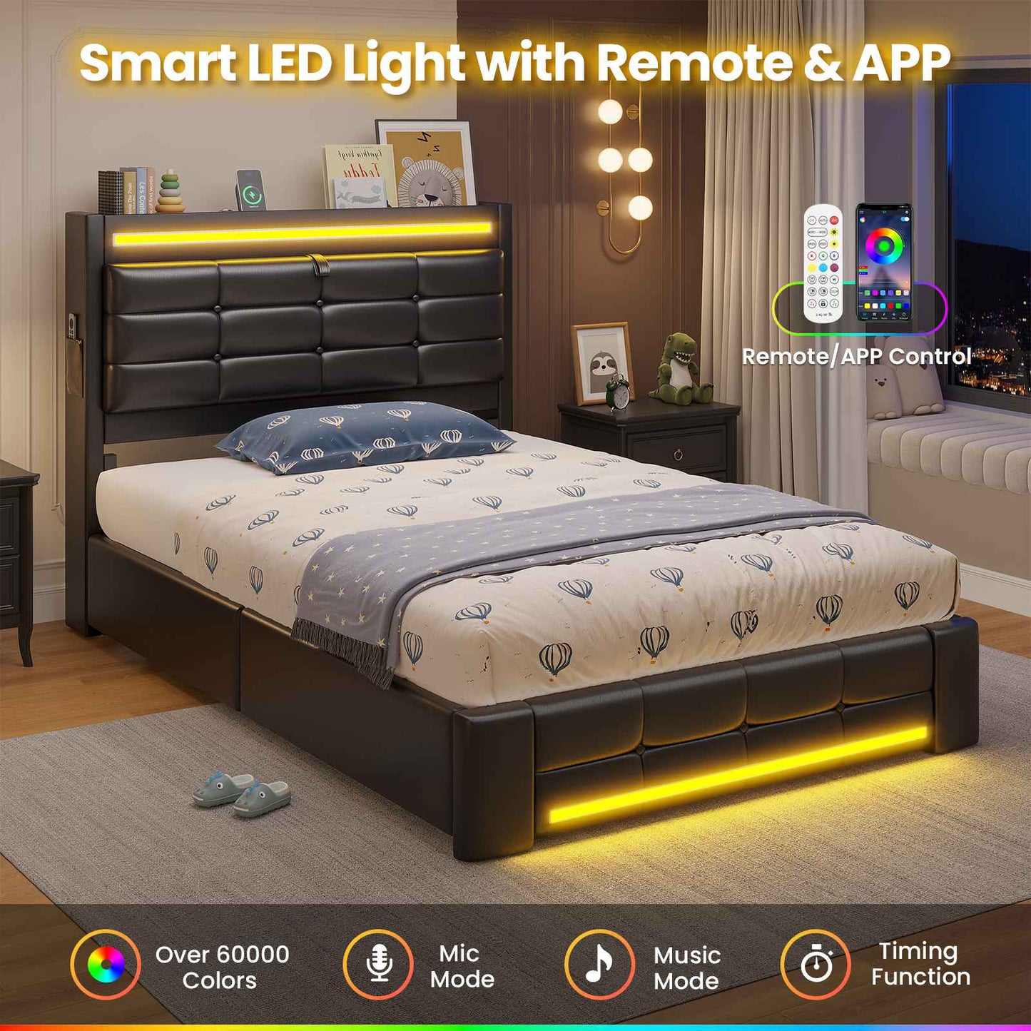 ADORNEVE Bed Frames Twin size with Storage Headboard and 4 Drawers Kids Upholstered Bed Frame with Charging Station and LED Lights