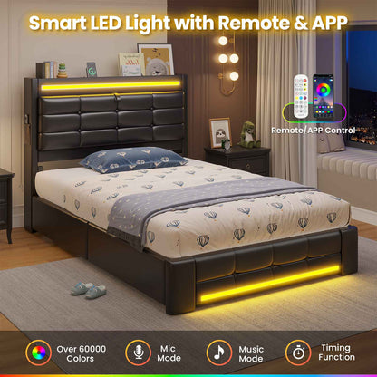 ADORNEVE Bed Frames Twin size with Storage Headboard and 4 Drawers Kids Upholstered Bed Frame with Charging Station and LED Lights