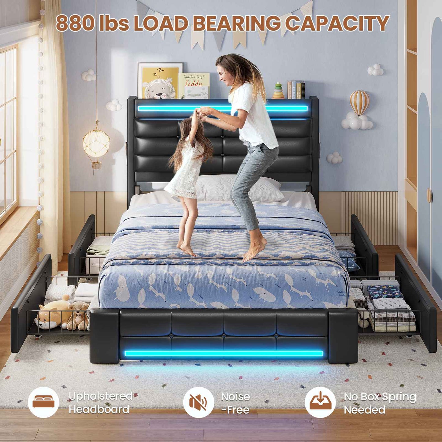 ADORNEVE Bed Frames Twin size with Storage Headboard and 4 Drawers Kids Upholstered Bed Frame with Charging Station and LED Lights
