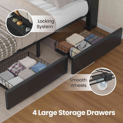ADORNEVE Bed Frames Twin size with Storage Headboard and 4 Drawers Kids Upholstered Bed Frame with Charging Station and LED Lights
