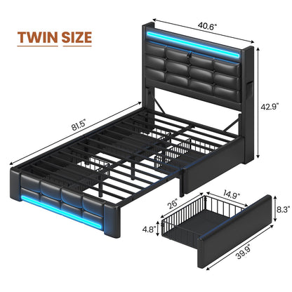 ADORNEVE Bed Frames Twin size with Storage Headboard and 4 Drawers Kids Upholstered Bed Frame with Charging Station and LED Lights