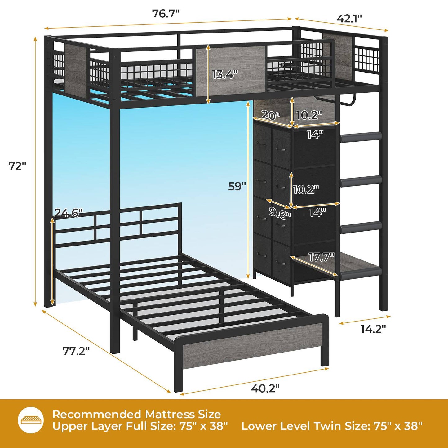 ADORNEVE Bunk Bed Twin Over Twin Size with 8 Drawers and Led Lights Metal Kids Loft Bed with Storage Shelves and Safety Guardrail & Ladder