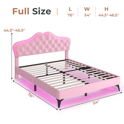 ADORNEVE Bed Frame Full size with RGB Lights and Adjustable Headboard Girls Princess Bed Frame with Velvet Upholstered and Solid Wooden Slats