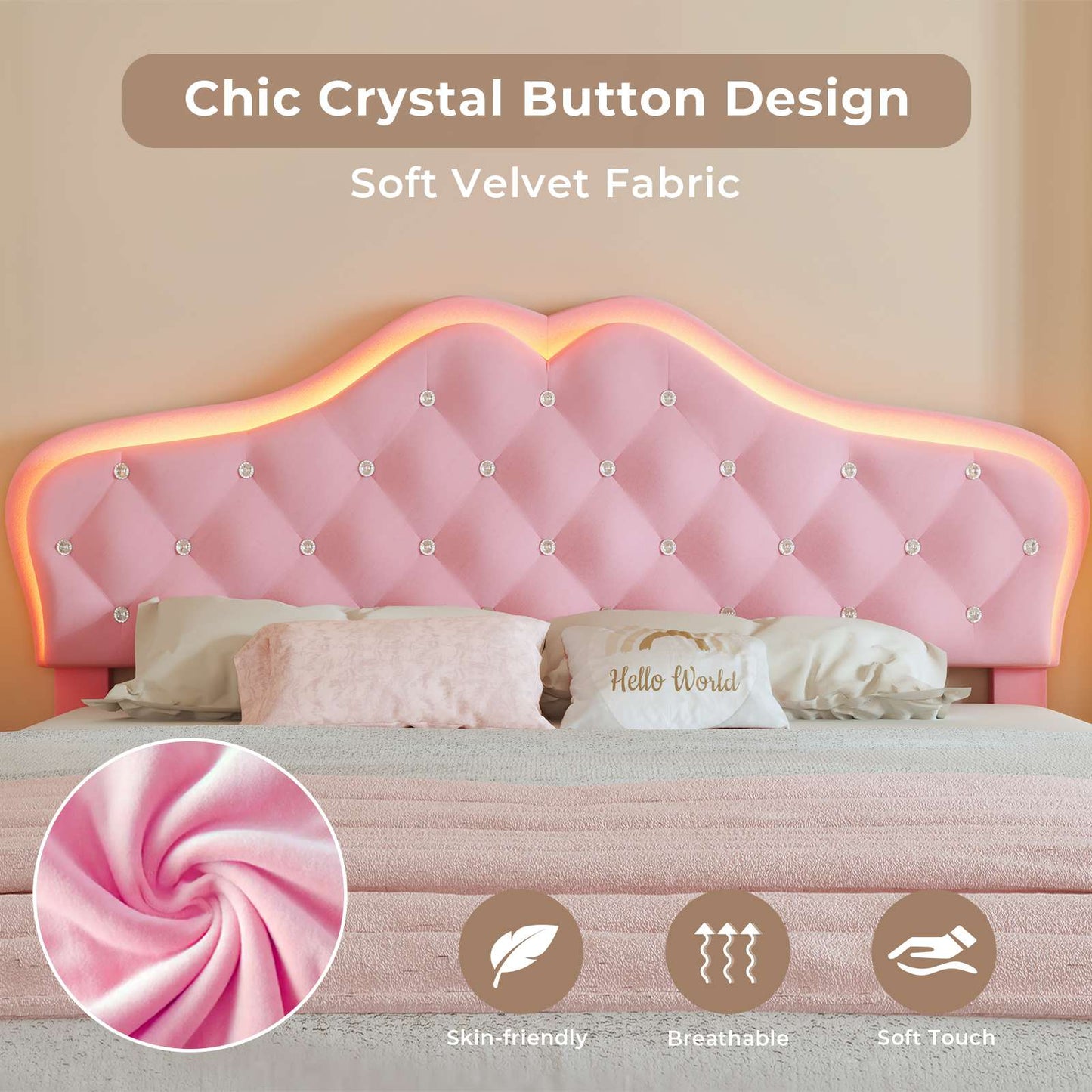 ADORNEVE Bed Frame Full size with RGB Lights and Adjustable Headboard Girls Princess Bed Frame with Velvet Upholstered and Solid Wooden Slats