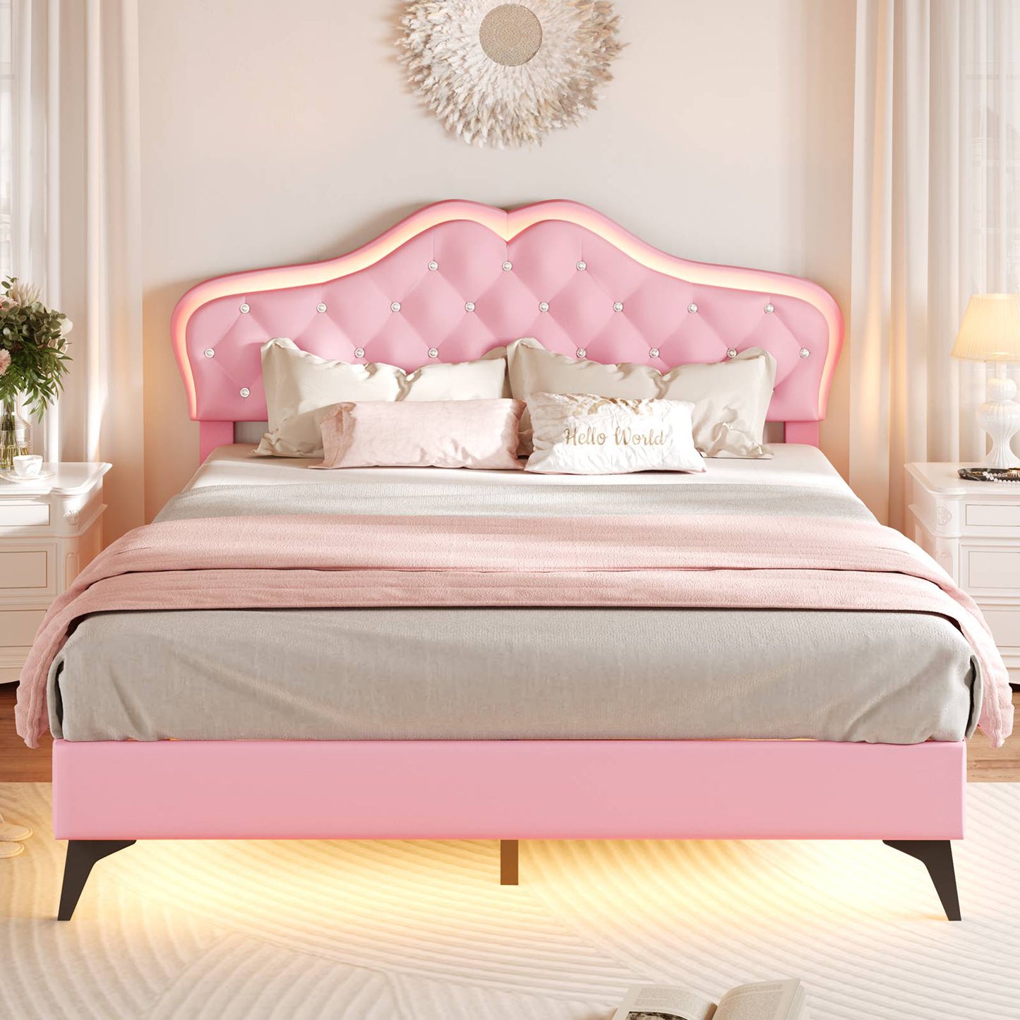 ADORNEVE Bed Frame Full size with RGB Lights and Adjustable Headboard Girls Princess Bed Frame with Velvet Upholstered and Solid Wooden Slats