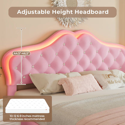 ADORNEVE Bed Frame Full size with RGB Lights and Adjustable Headboard Girls Princess Bed Frame with Velvet Upholstered and Solid Wooden Slats