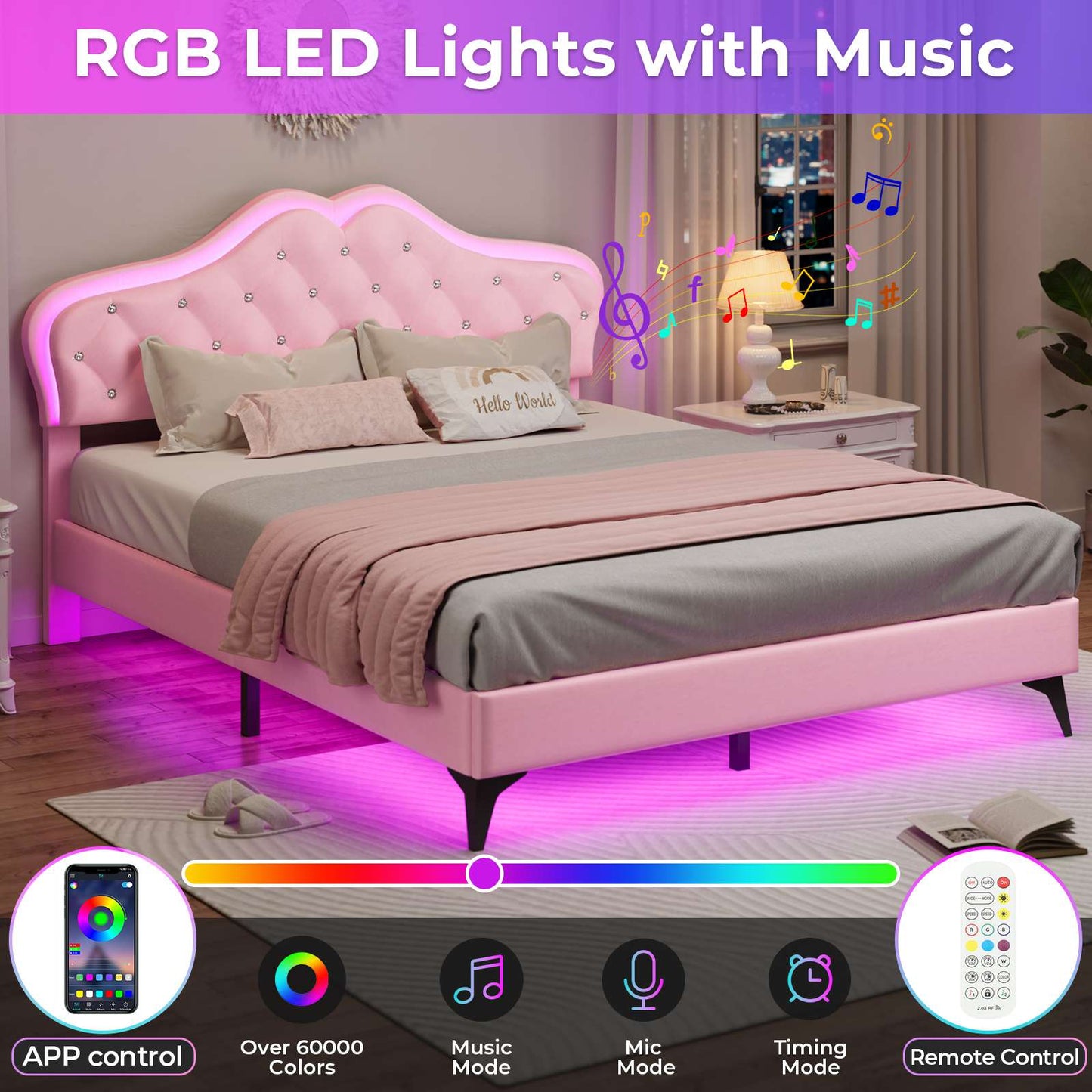 ADORNEVE Bed Frame Full size with RGB Lights and Adjustable Headboard Girls Princess Bed Frame with Velvet Upholstered and Solid Wooden Slats