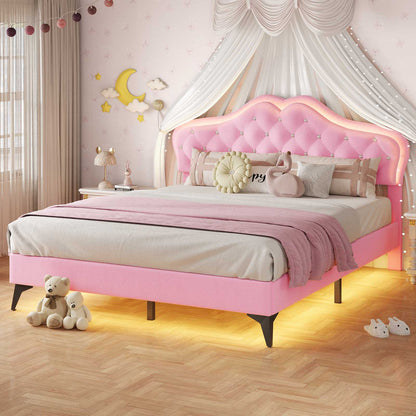 ADORNEVE Bed Frame Full size with RGB Lights and Adjustable Headboard Girls Princess Bed Frame with Velvet Upholstered and Solid Wooden Slats