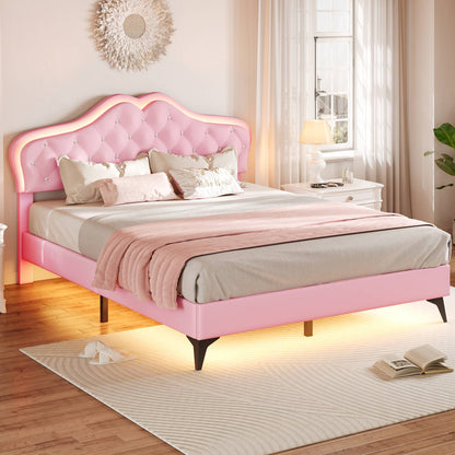 ADORNEVE Bed Frame Full size with RGB Lights and Adjustable Headboard Girls Princess Bed Frame with Velvet Upholstered and Solid Wooden Slats
