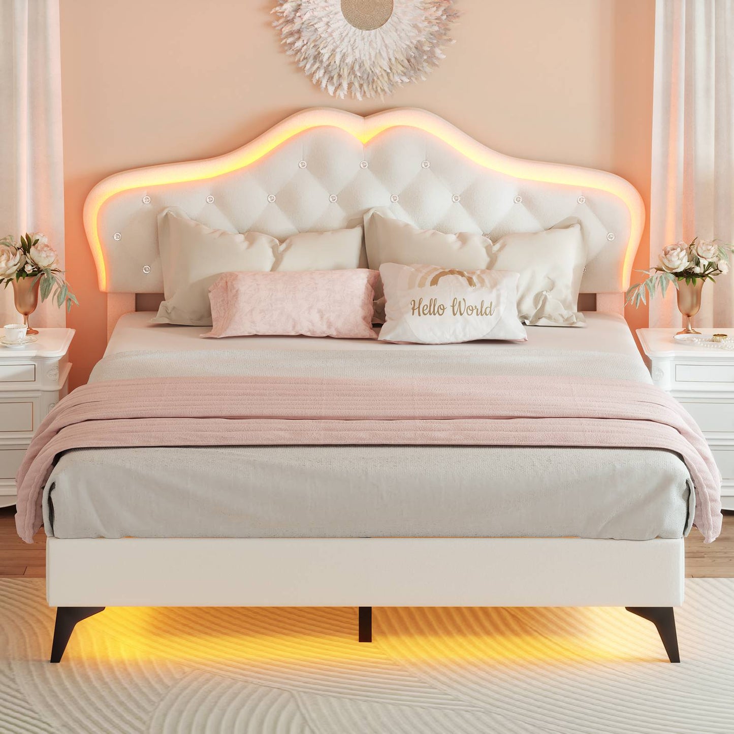 ADORNEVE Bed Frame Full size with RGB Lights and Adjustable Headboard Girls Princess Bed Frame with Velvet Upholstered and Solid Wooden Slats