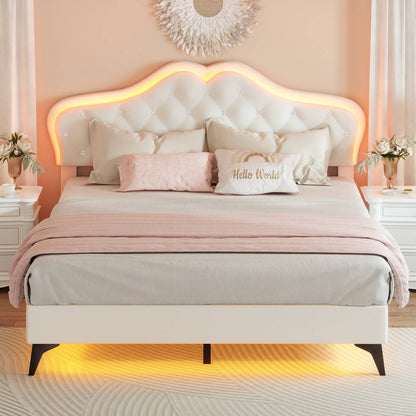 ADORNEVE Bed Frame Full size with RGB Lights and Adjustable Headboard Girls Princess Bed Frame with Velvet Upholstered and Solid Wooden Slats