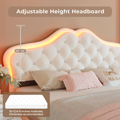 ADORNEVE Bed Frame Full size with RGB Lights and Adjustable Headboard Girls Princess Bed Frame with Velvet Upholstered and Solid Wooden Slats